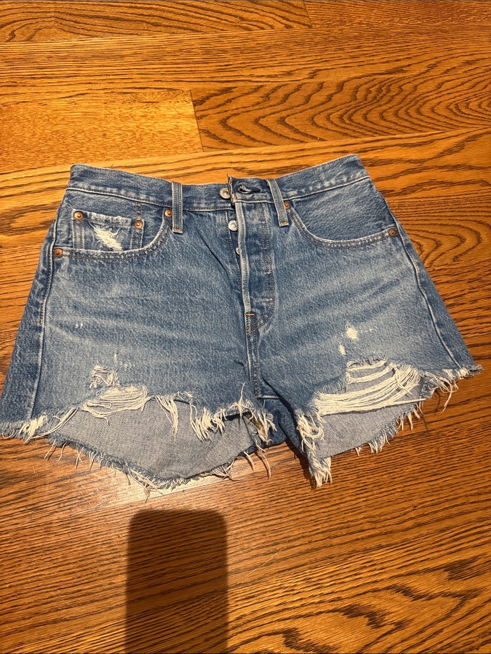 Levi's Light Blue Distressed High-Rise Denim Shorts